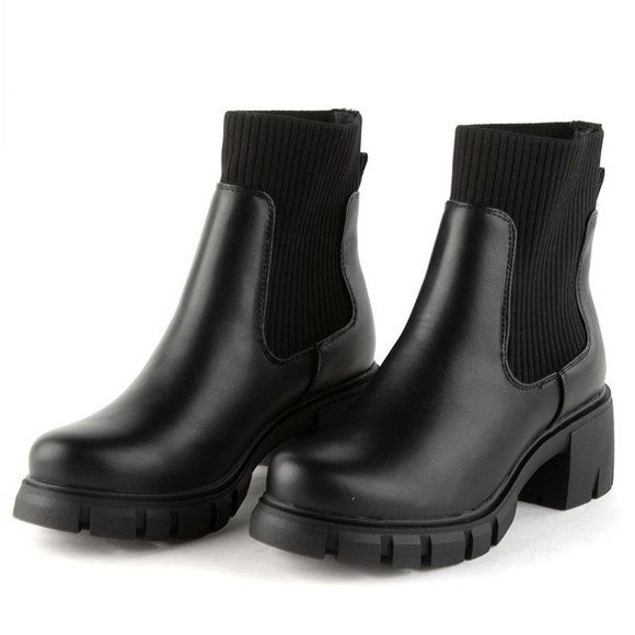 New Black Chelsea Sweater Platform Chunky Heel Ankle Boots Booties - Picture 3 of 3